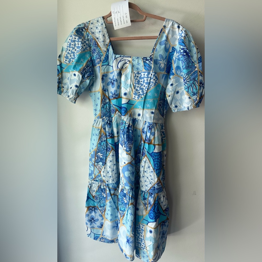 Maude Vivante, Blue Patchwork Puff Sleeve Cotton Mini Dress, Size XS | 002